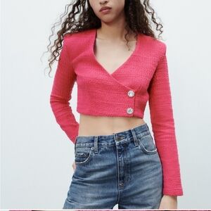 Pink Asymmetrical Crop Blouse with Notched Collar